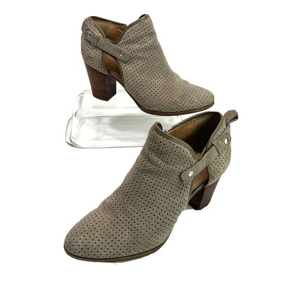 Franco Sarto Size 9 Taupe Suede Lazer Cut Ankle Booties Cut Out Block Heel - Picture 2 of 12
